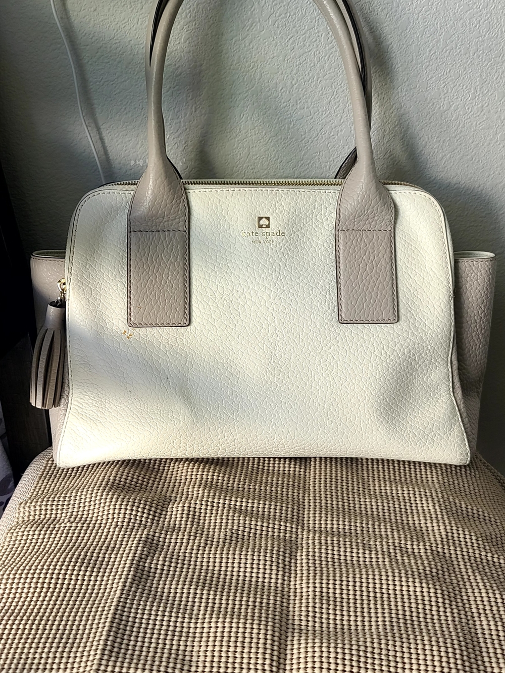 Kate Spade Women's White & Taupe Pebbled Leather Satchel